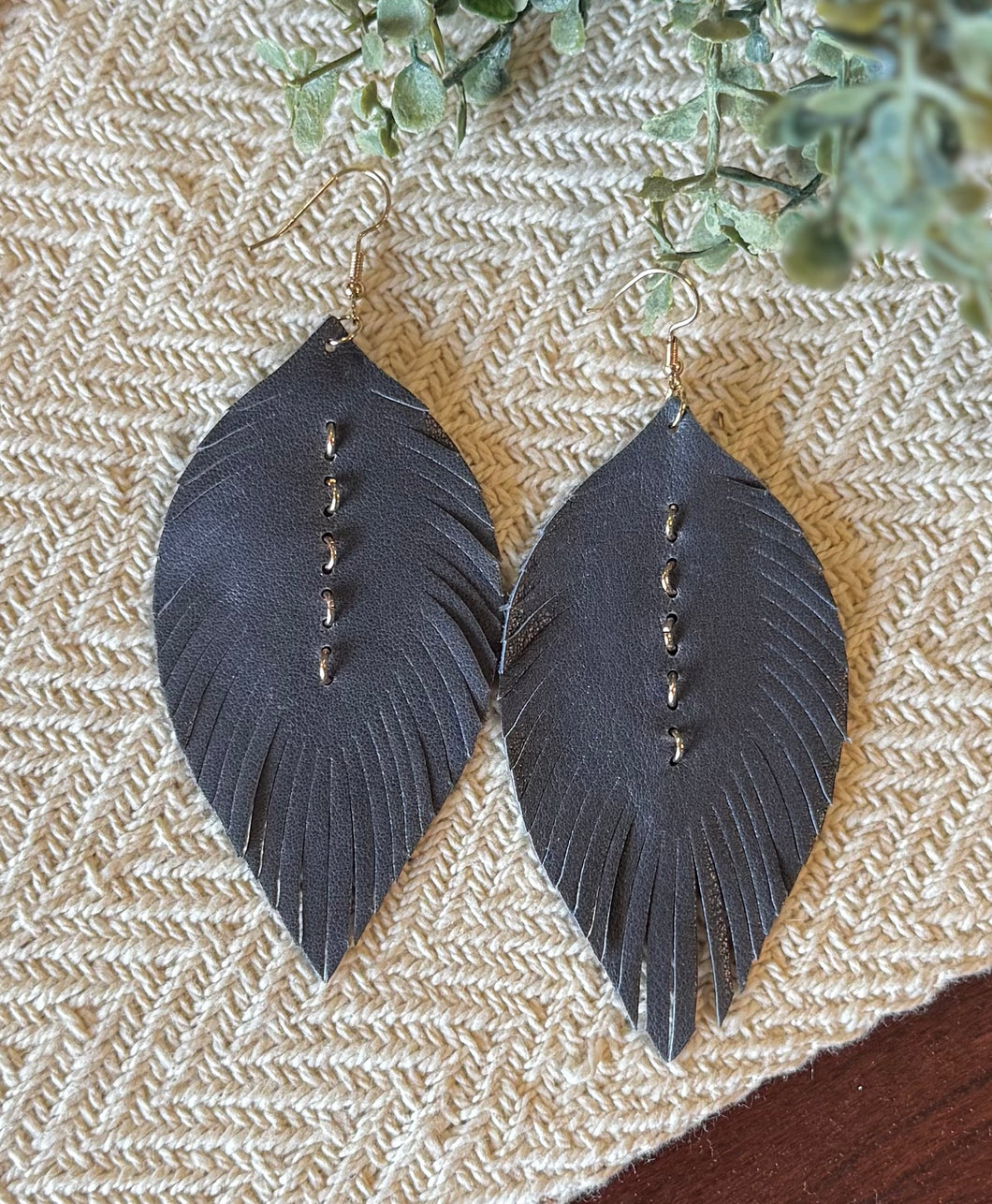 Handmade Charcoal Leather Leaf Earrings