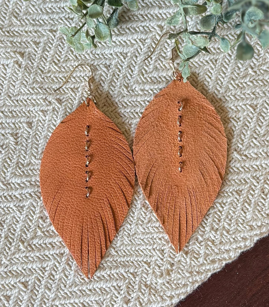 Handmade Tan Leather Leaf Earrings